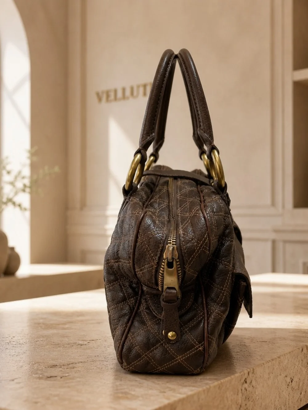Marc Jacobs Dark Brown Quilted Leather Satchel with Gold Hardware